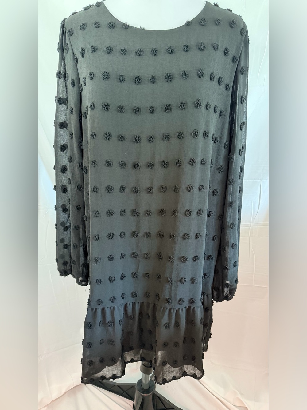 Black Sheer Textured Swiss Dot Long Sleeve Baby Doll Dress
